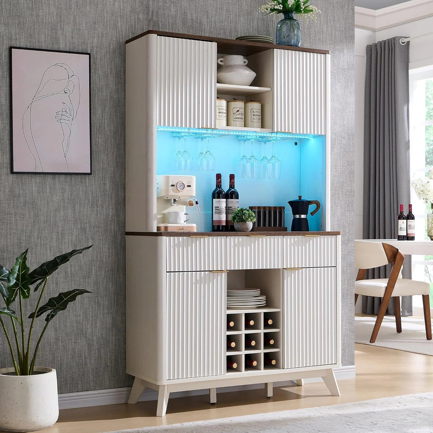 72" Wine Bar Cabinet, Modern Wood Coffee Bar Cabinet with LED Lights