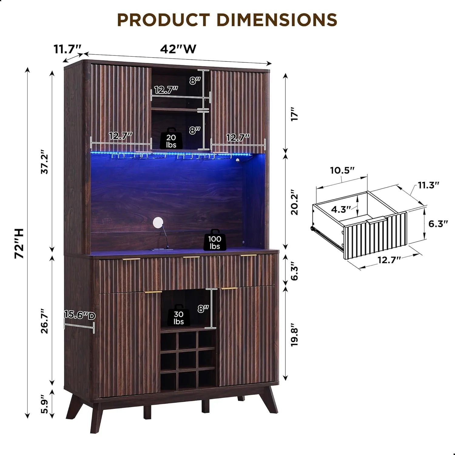72" Wine Bar Cabinet, Modern Wood Coffee Bar Cabinet with LED Lights