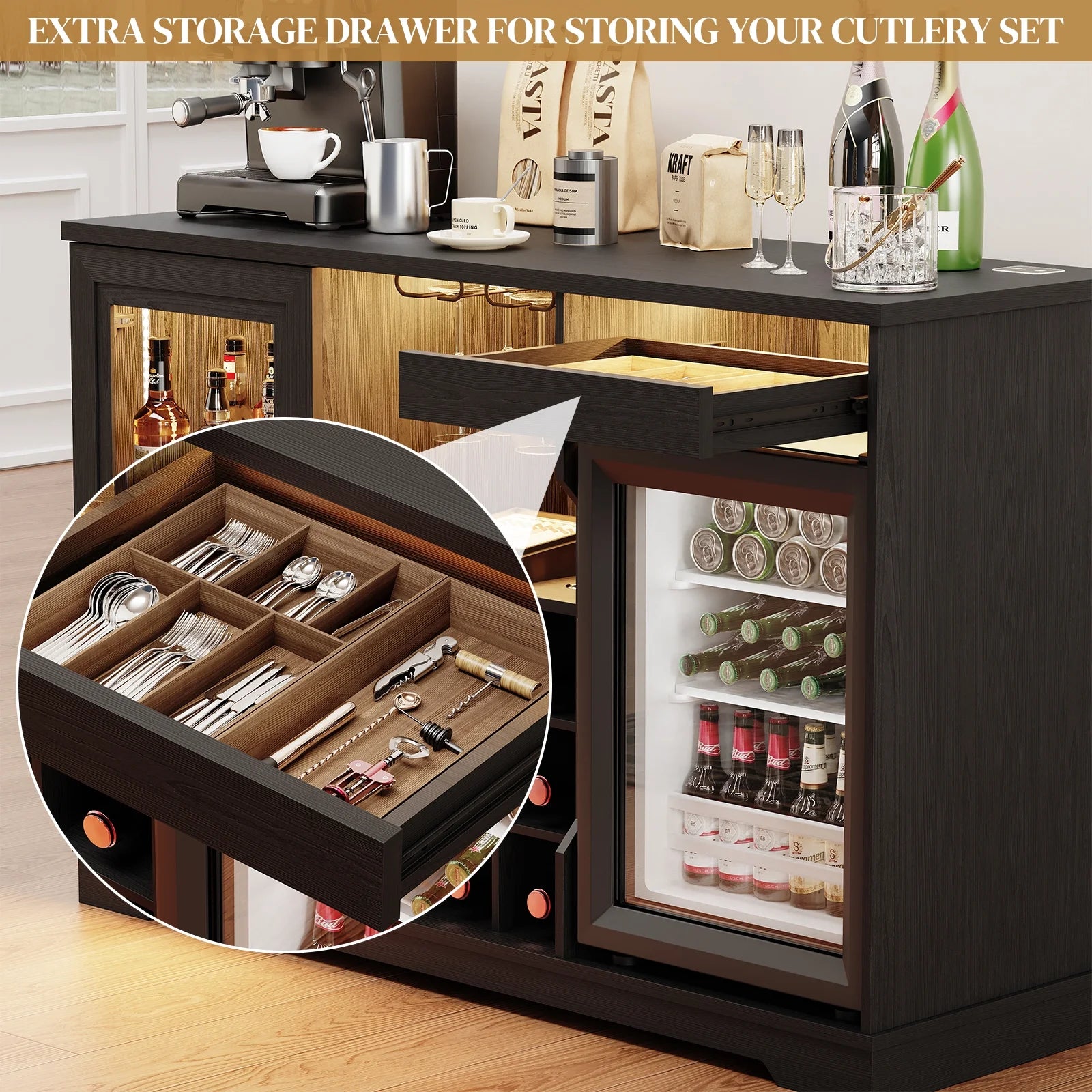 Wine Bar Cabinet with Fridge (Included), 47" Liquor Coffee Bar Cabinet with LED Lights & Rack, Mini Fridge Cabinet with Storage, Human Body Sensor, Buffet Sideboard for Dining Room, Black