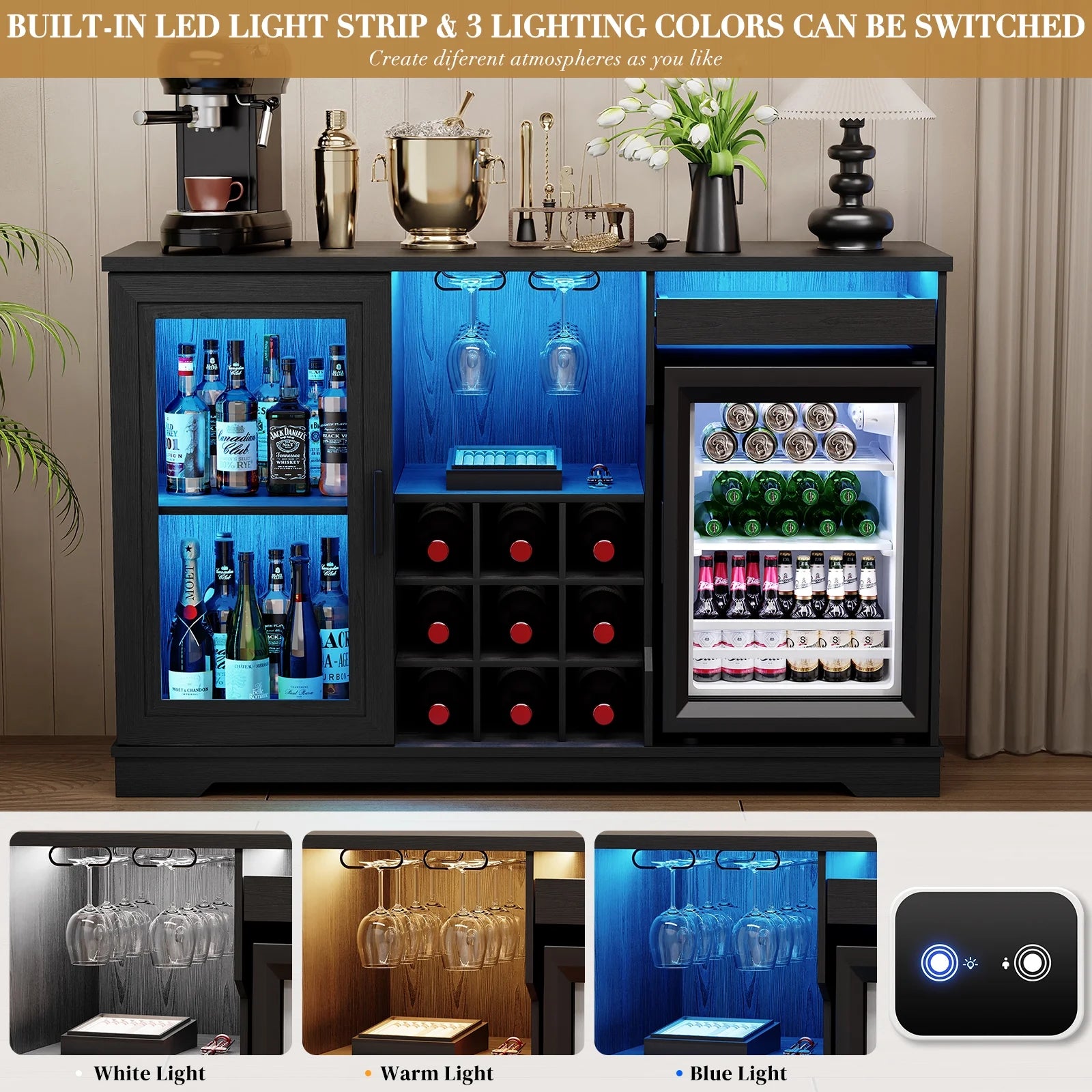 Wine Bar Cabinet with Fridge (Included), 47" Liquor Coffee Bar Cabinet with LED Lights & Rack, Mini Fridge Cabinet with Storage, Human Body Sensor, Buffet Sideboard for Dining Room, Black