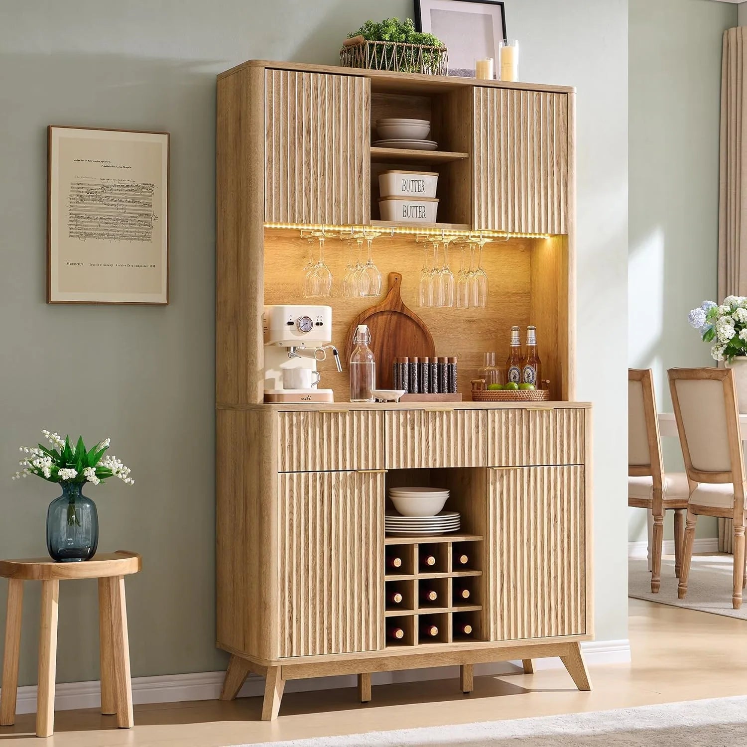 72" Wine Bar Cabinet, Modern Wood Coffee Bar Cabinet with LED Lights