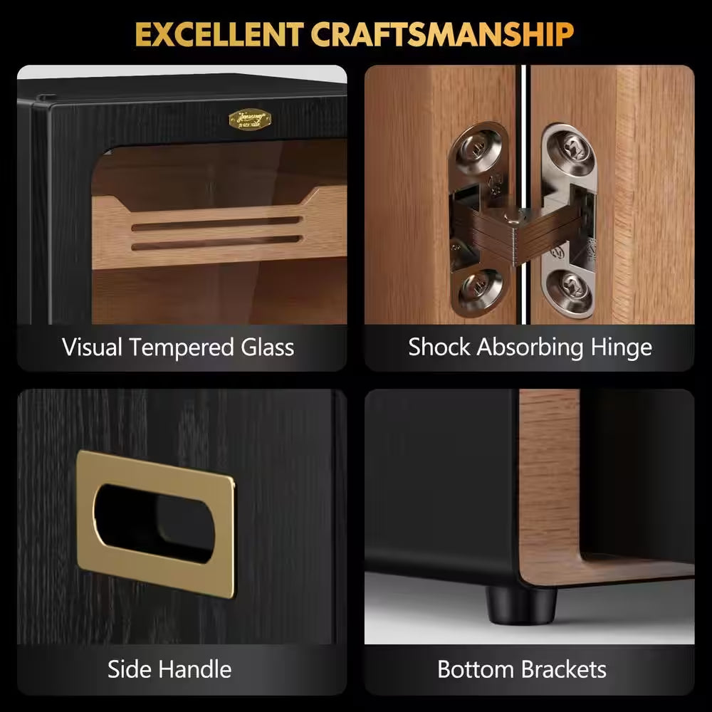 11 In. X 9.72 In. X 15.8 In. Black Desktop Cigar Humidor Cabinet Light Control System, with Spanish Cedar Wood Shelves