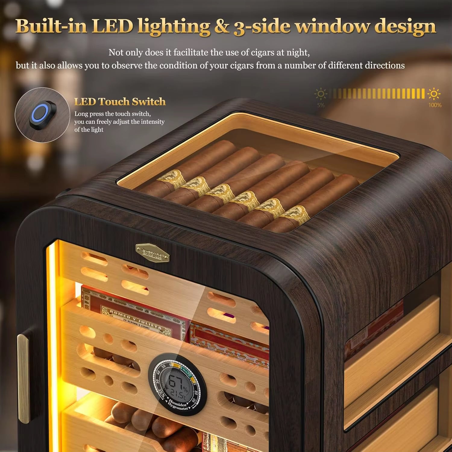 Cigar Humidor, Cedar Wood Drawer Cigar Cabinet for 80-120 Cigars, LED Lighting System, Digital Thermometer and 2 Humidifiers