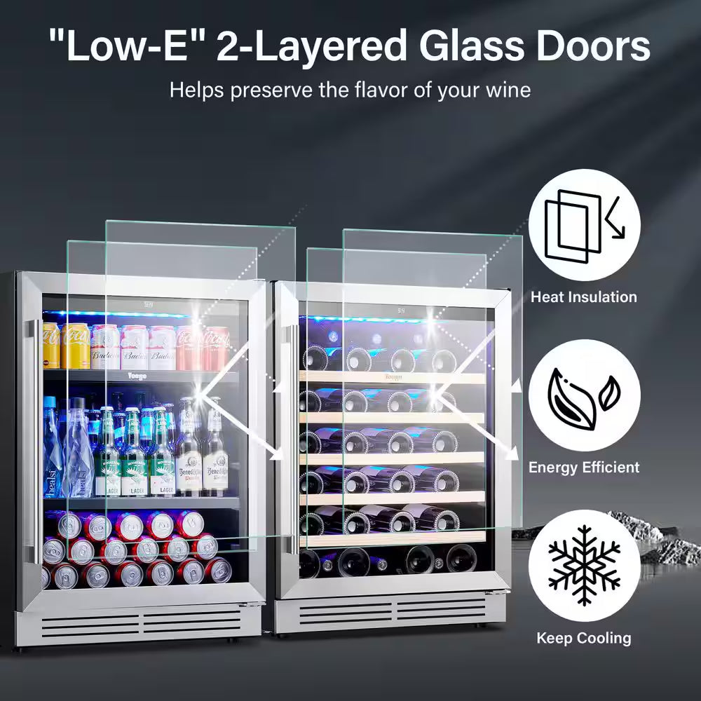 48 In. Dual Zone 52-Wine Bottles 140-Cans Beverage and Wine Cooler Side-By-Side Refrigerator Built-In Fridge in Black