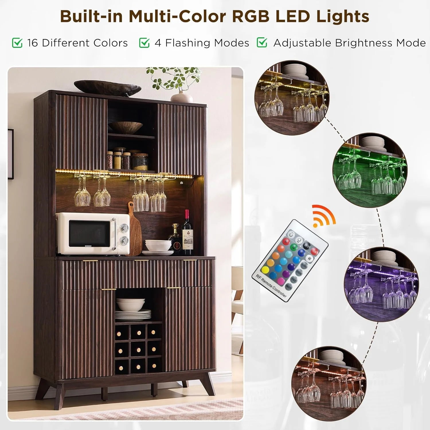 72" Wine Bar Cabinet, Modern Wood Coffee Bar Cabinet with LED Lights