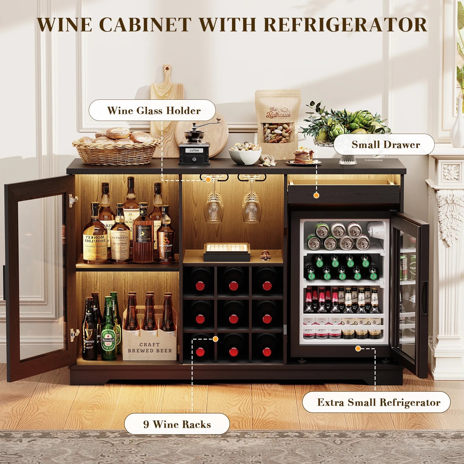 Wine Bar Cabinet with Fridge (Included), 47" Liquor Coffee Bar Cabinet with LED Lights & Rack, Mini Fridge Cabinet with Storage, Human Body Sensor, Buffet Sideboard for Dining Room, Black