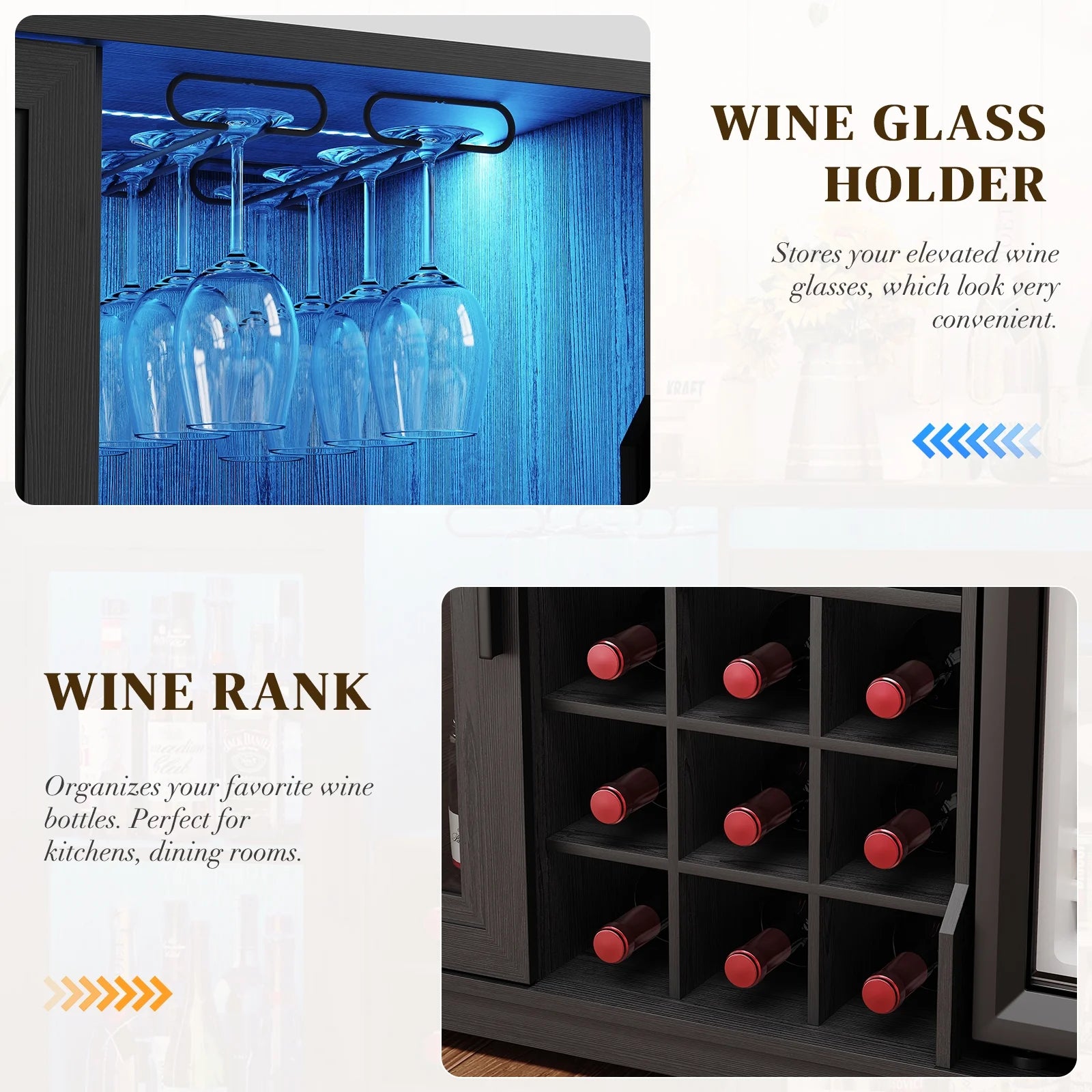 Wine Bar Cabinet with Fridge (Included), 47" Liquor Coffee Bar Cabinet with LED Lights & Rack, Mini Fridge Cabinet with Storage, Human Body Sensor, Buffet Sideboard for Dining Room, Black