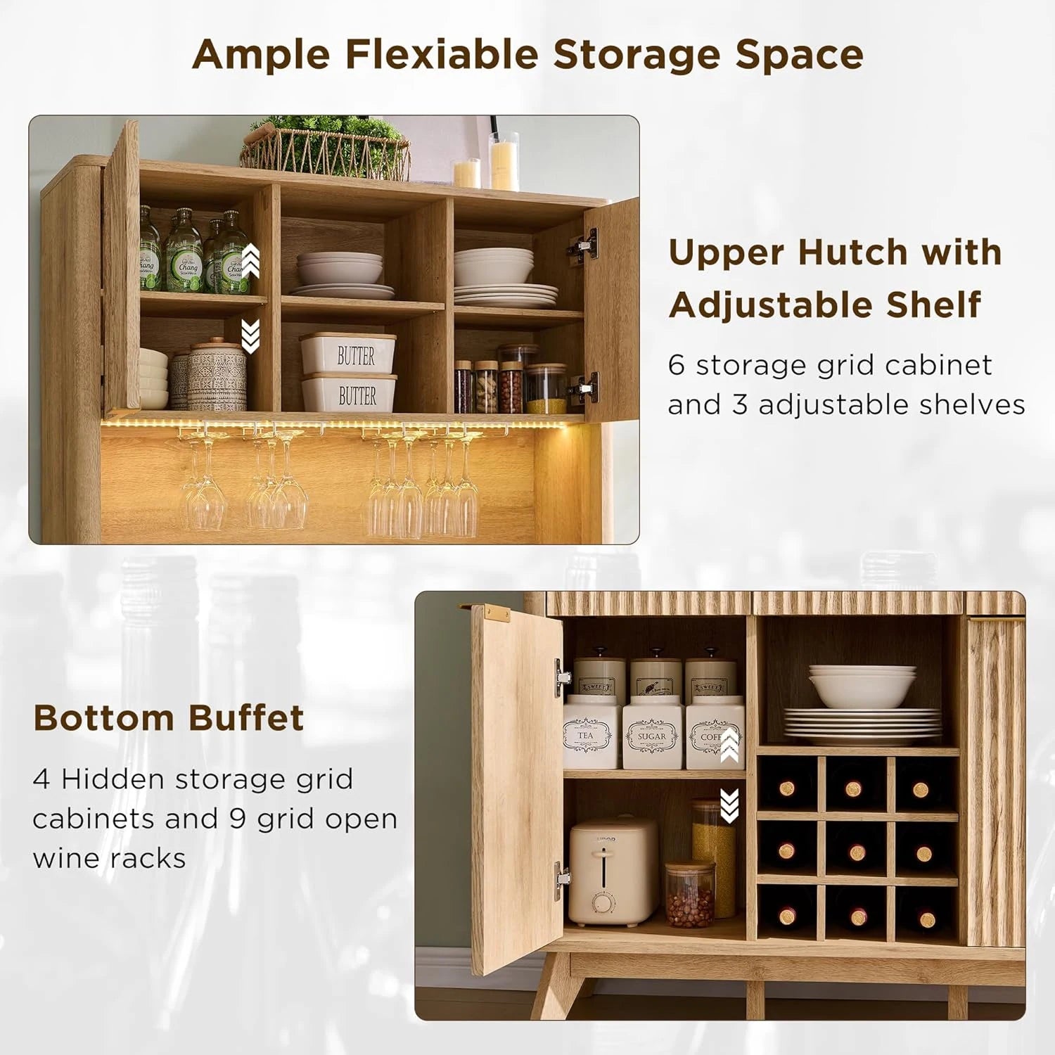 72" Wine Bar Cabinet, Modern Wood Coffee Bar Cabinet with LED Lights