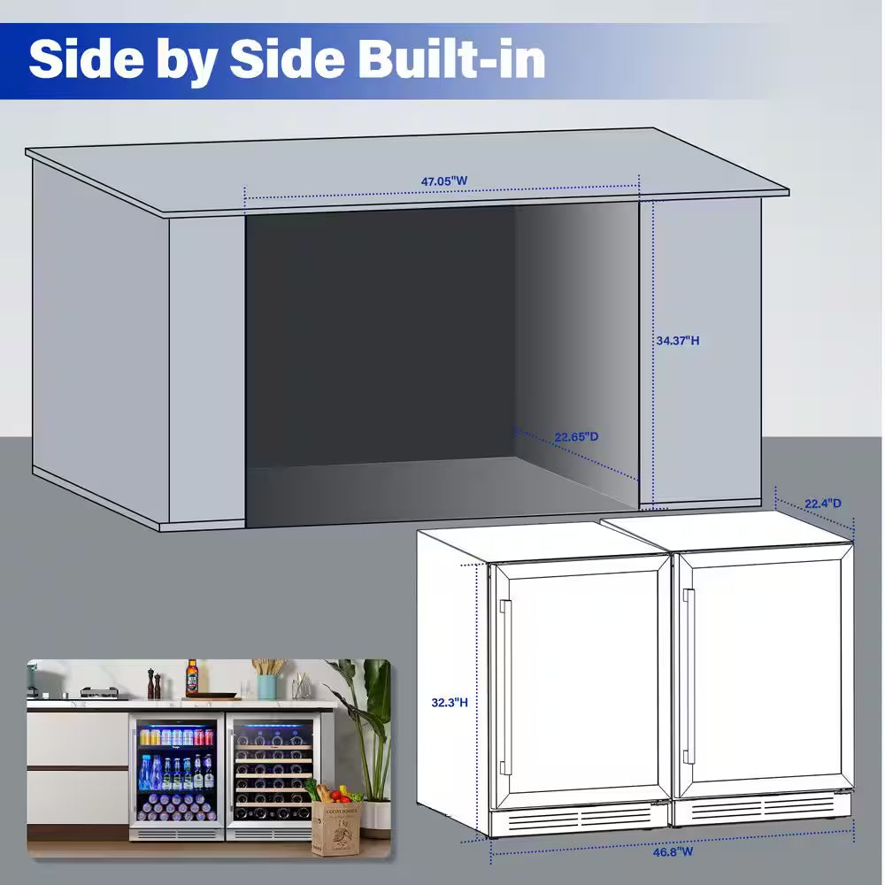48 In. Dual Zone 52-Wine Bottles 140-Cans Beverage and Wine Cooler Side-By-Side Refrigerator Built-In Fridge in Black