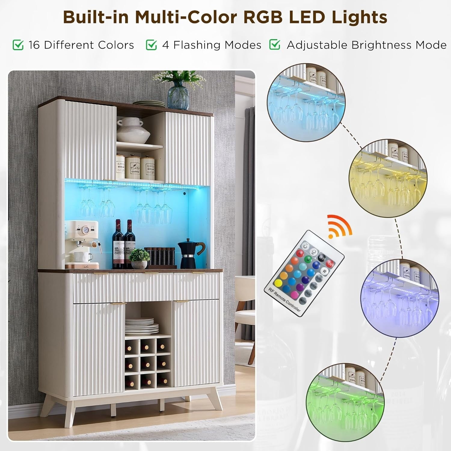 72" Wine Bar Cabinet, Modern Wood Coffee Bar Cabinet with LED Lights