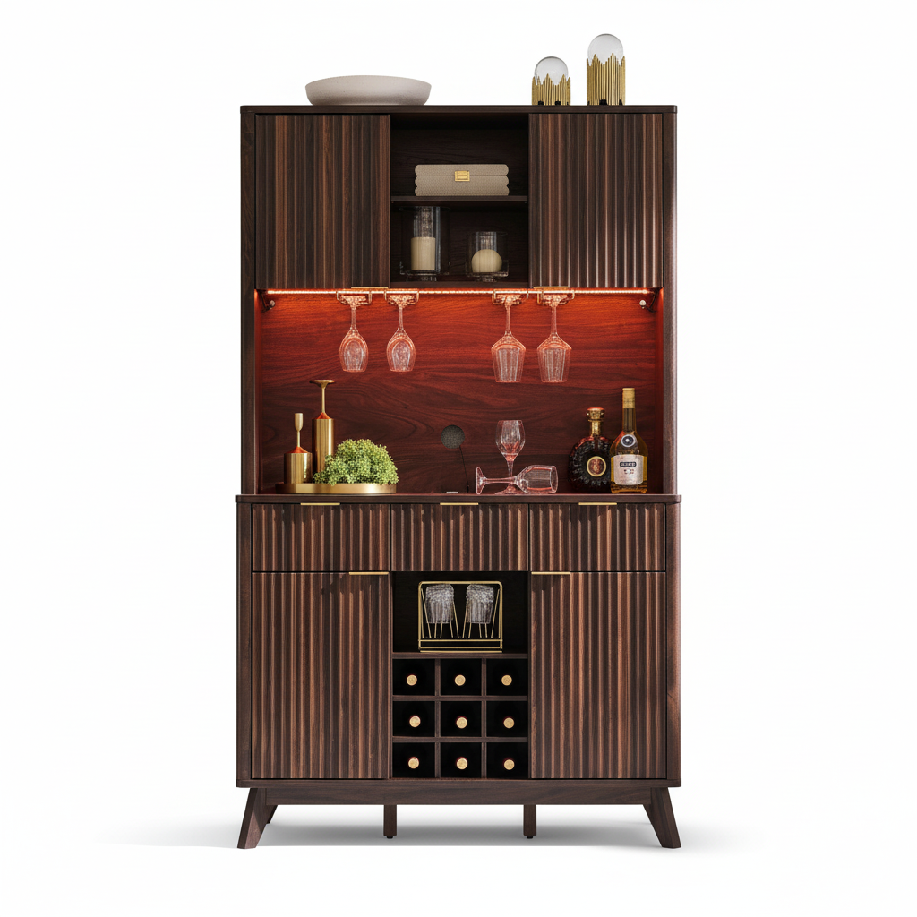 72" Wine Bar Cabinet, Modern Wood Coffee Bar Cabinet with LED Lights